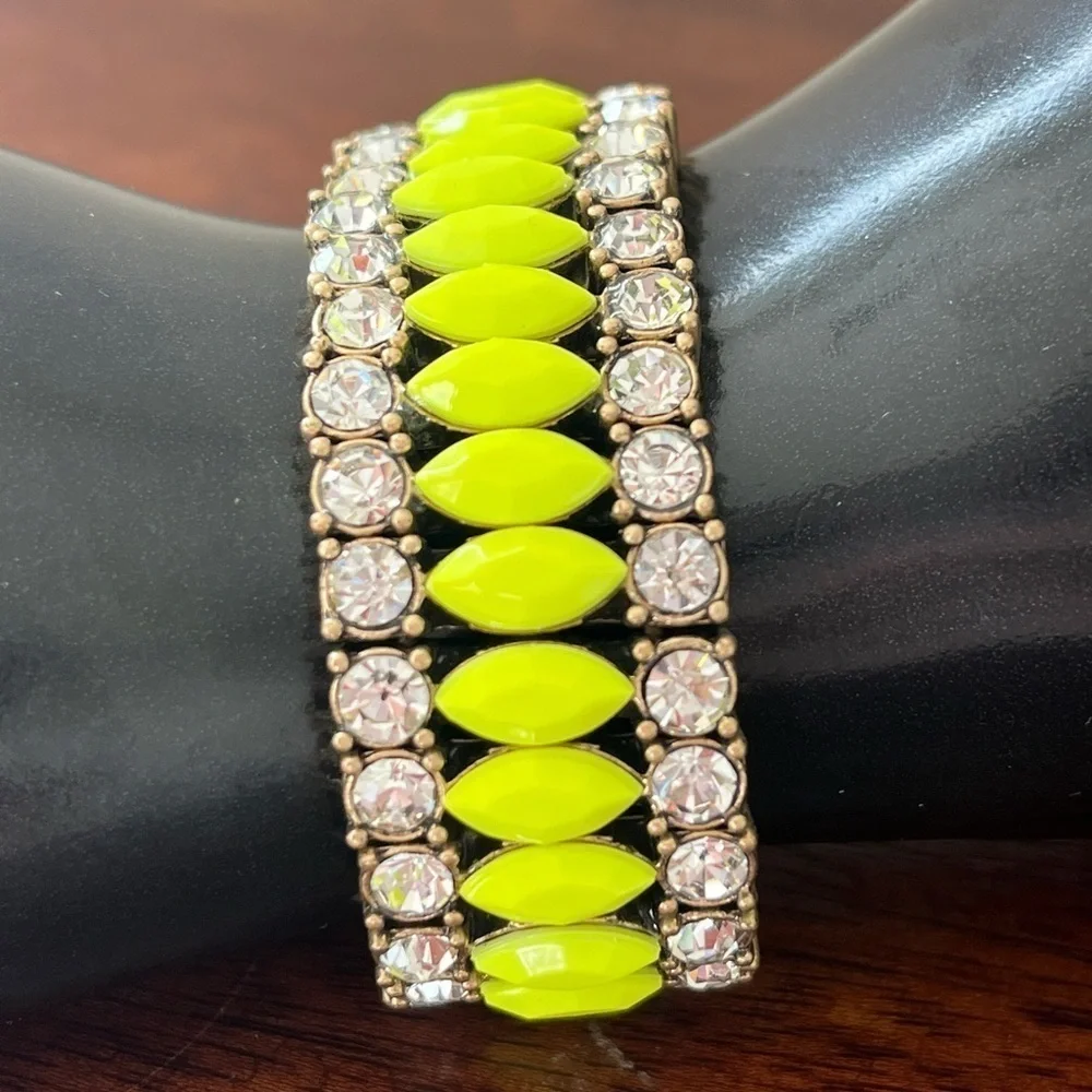 JCREW NWT rhinestone brass neon yellow stretch bracelet prom - Picture 9 of 14